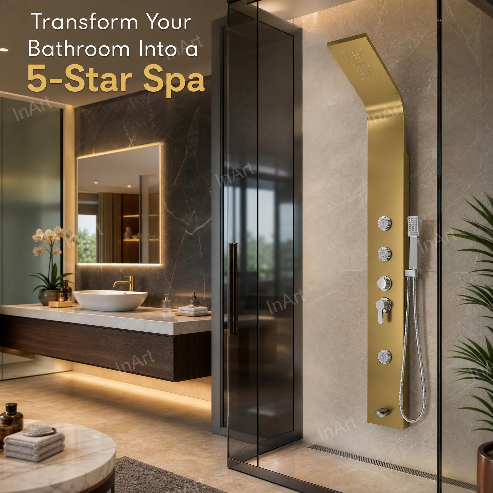 InArt 2-mode body jets on gold shower panel, side close-up for premium washroom shower experience