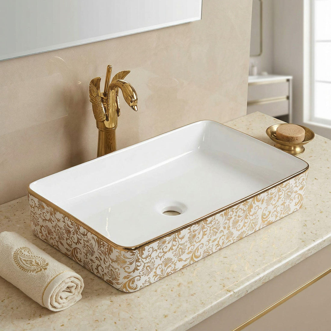 InArt table top wash basin design, ceramic rectangular basin with golden floral finish and glossy white bowl