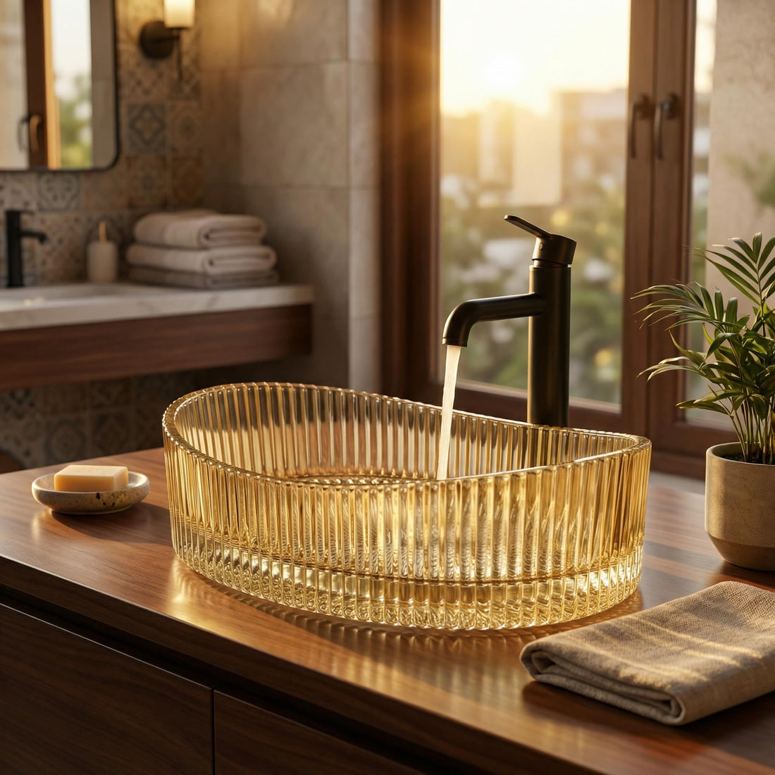 InArt hindware table top wash basin style, glossy gold oval glass countertop basin, front view