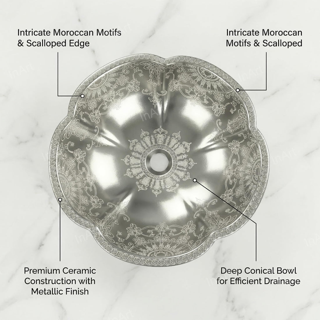 InArt ceramic table top wash basin, round silver Moroccan design countertop basin for bathroom