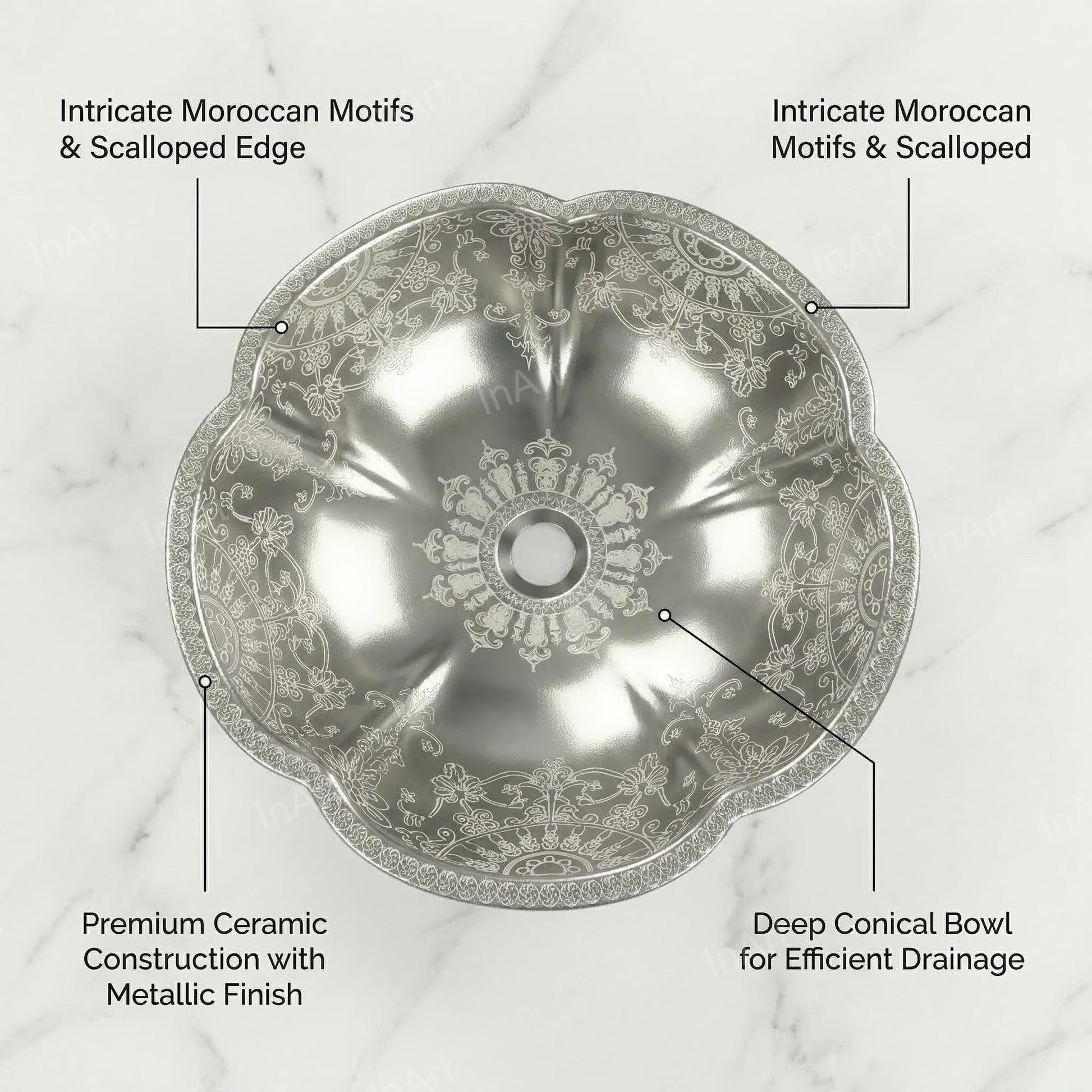 InArt designer ceramic wash basin in silver, round tabletop basin angled side view for modern bathroom