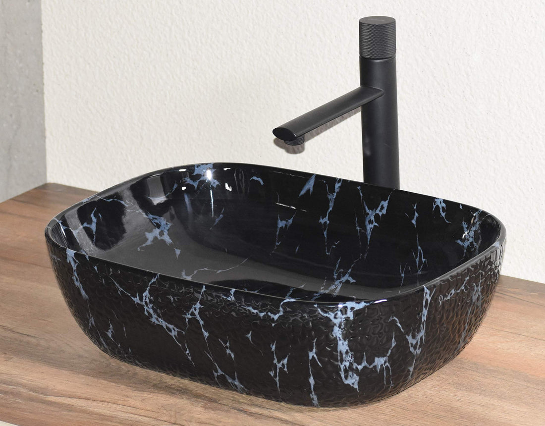 InArt ceramic table top wash basin design, rectangular glossy black marble colour, front view