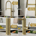 Kitchen pull out faucet with 360 swivel spout and single lever mixer tap, gold brass sink tap angled view