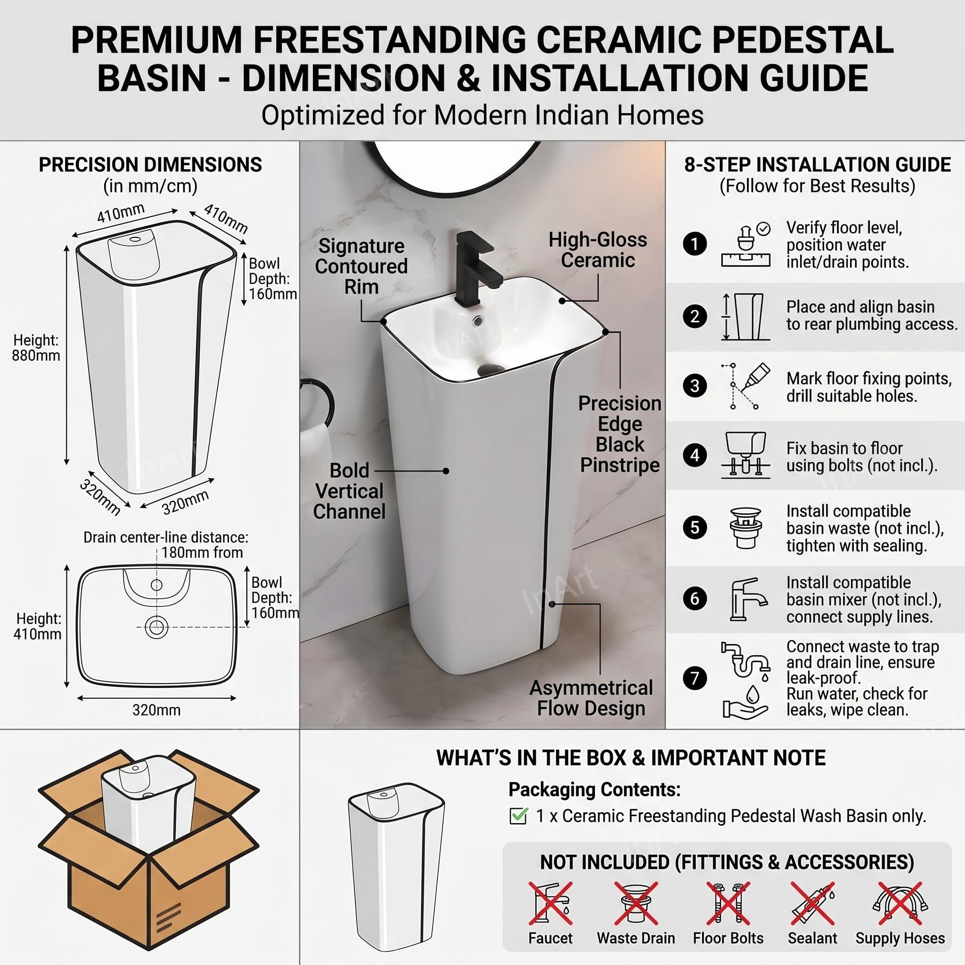 InArt modern pedestal wash basin showing drain and tap hole area, glossy white square ceramic top
