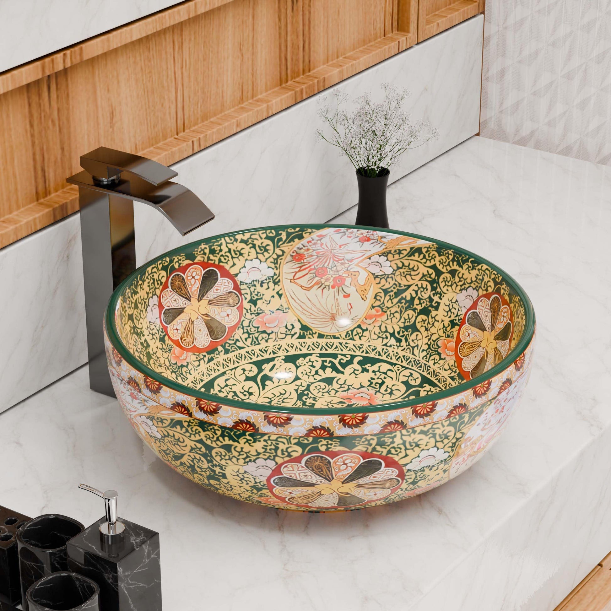 InArt table top wash basin design, glossy green multicolour square ceramic basin 42x42 cm