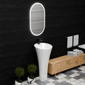 Ceramic one piece pedestal wash basin, round glossy white finish with tap hole area detail, premium sanitaryware