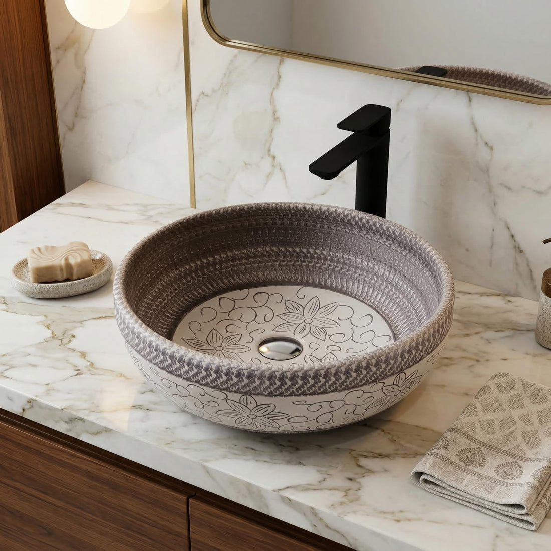 Ash grey matt ceramic round table top wash basin on counter top, 40x40x14 cm
