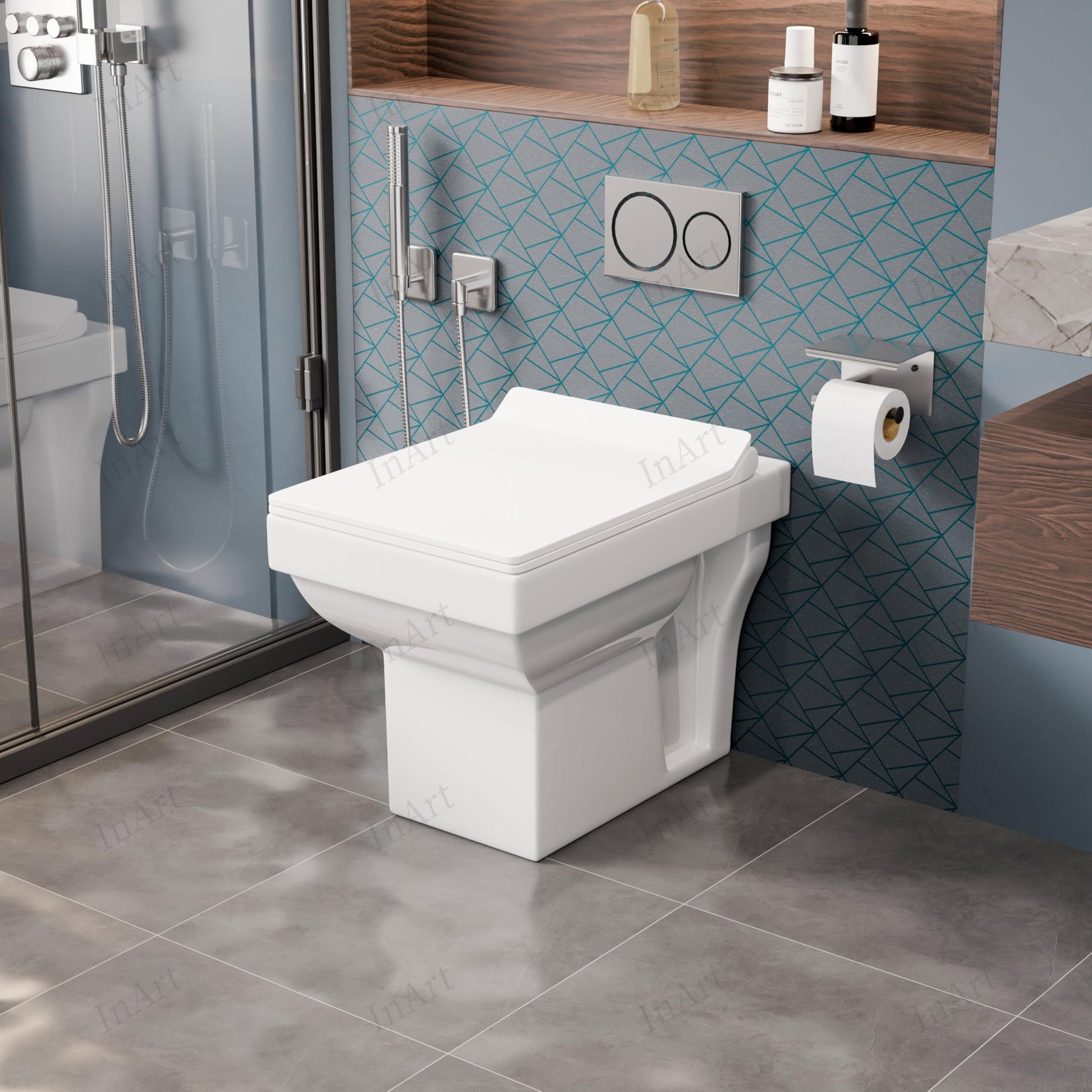 InArt single piece western toilet in glossy white ceramic, side angle showing elongated European design