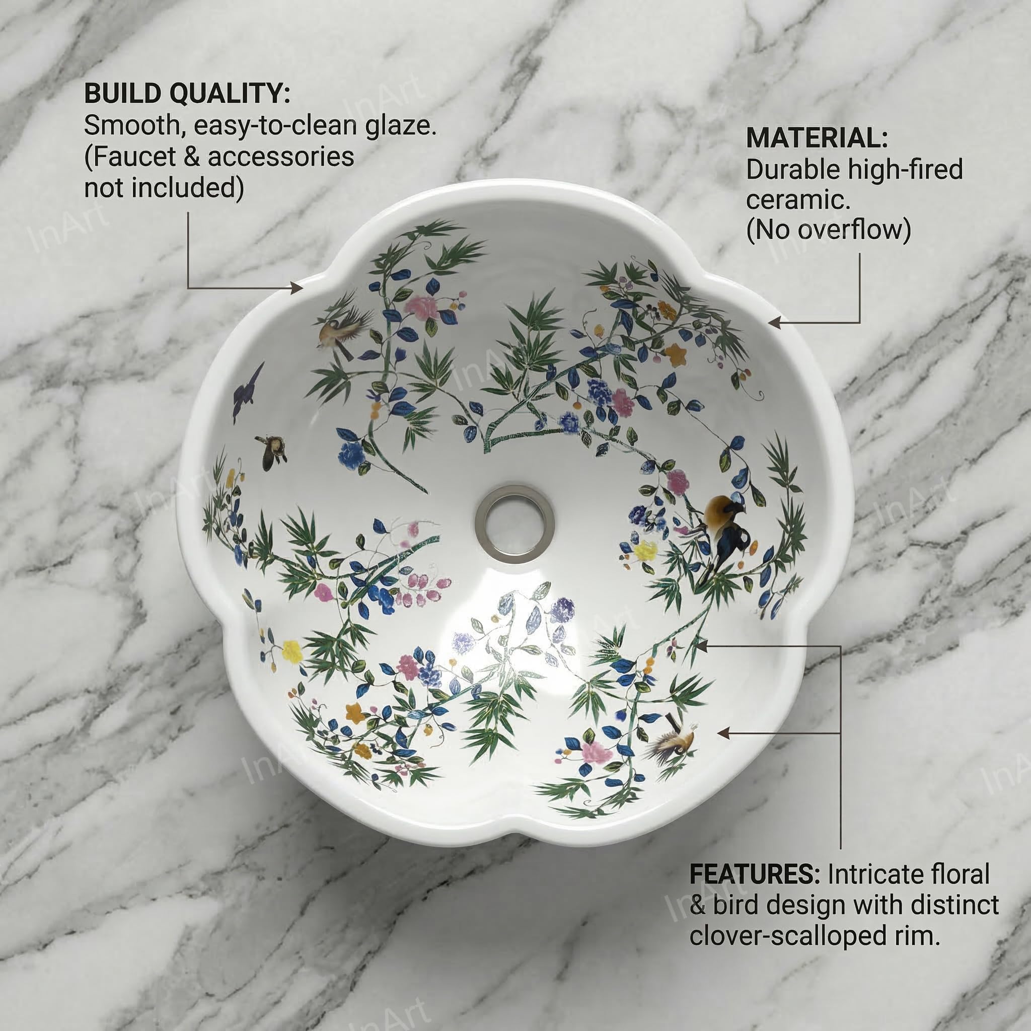 InArt Moroccan Ceramic White Floral Wash Basin - Countertop