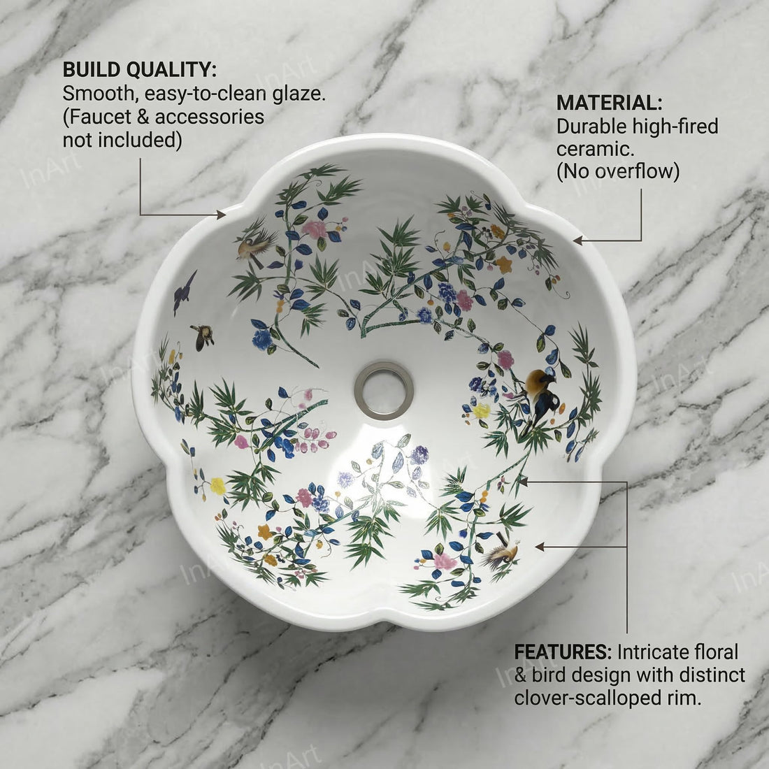 InArt ceramic table top wash basin, glossy white round Moroccan floral countertop basin, main front view