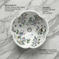 InArt ceramic designer wash basin, round countertop basin in white floral, angled side view