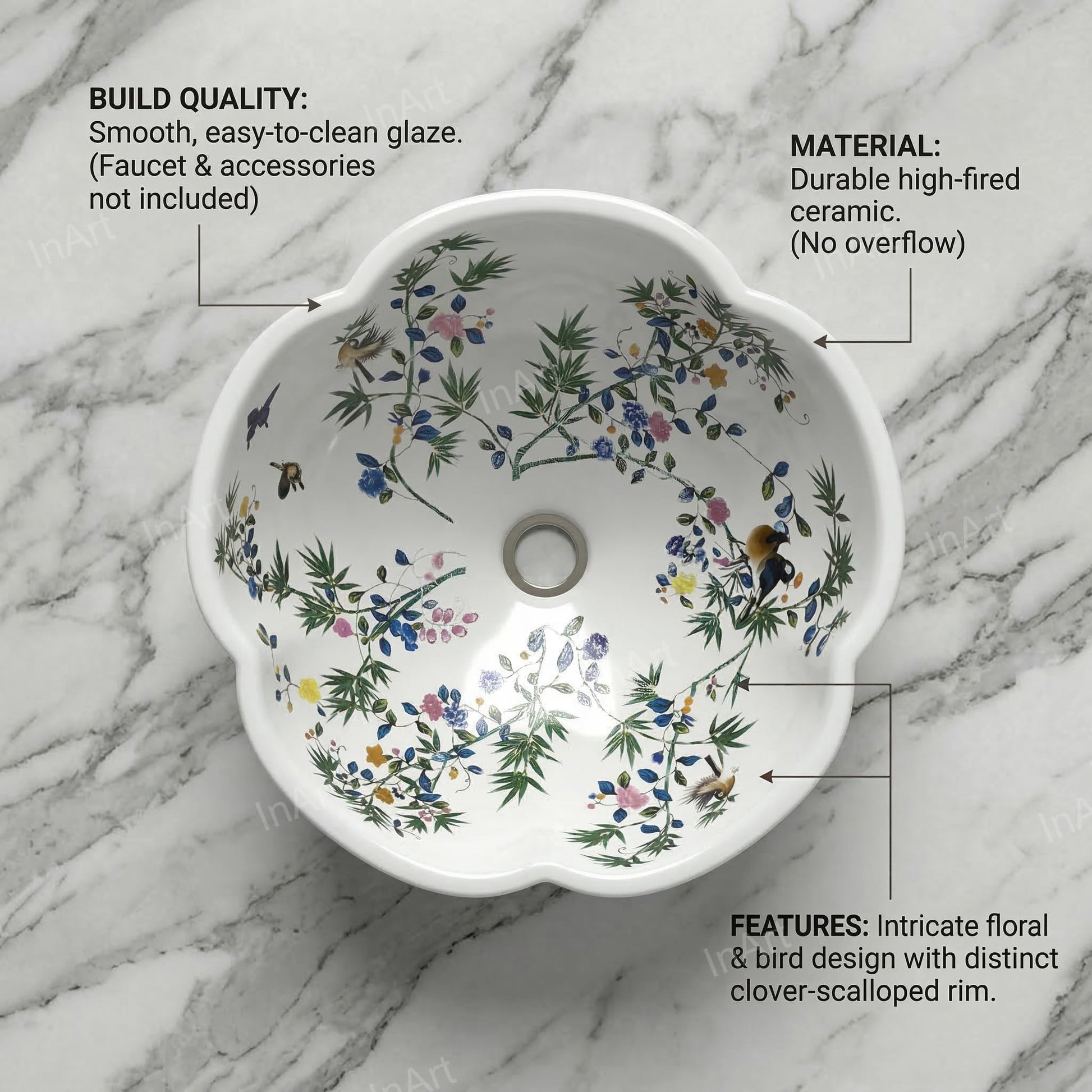 InArt ceramic designer wash basin, round countertop basin in white floral, angled side view