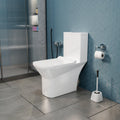 Ceramic one piece western toilet in glossy white, elongated oval bowl, 3/4 angle view for modern bathroom
