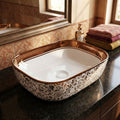 InArt ceramic wash basin designs with rose gold finish, close-up of rim and smooth glaze