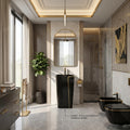 Close-up of matte black ceramic wash basin single piece with integrated full pedestal, smooth round rim detail