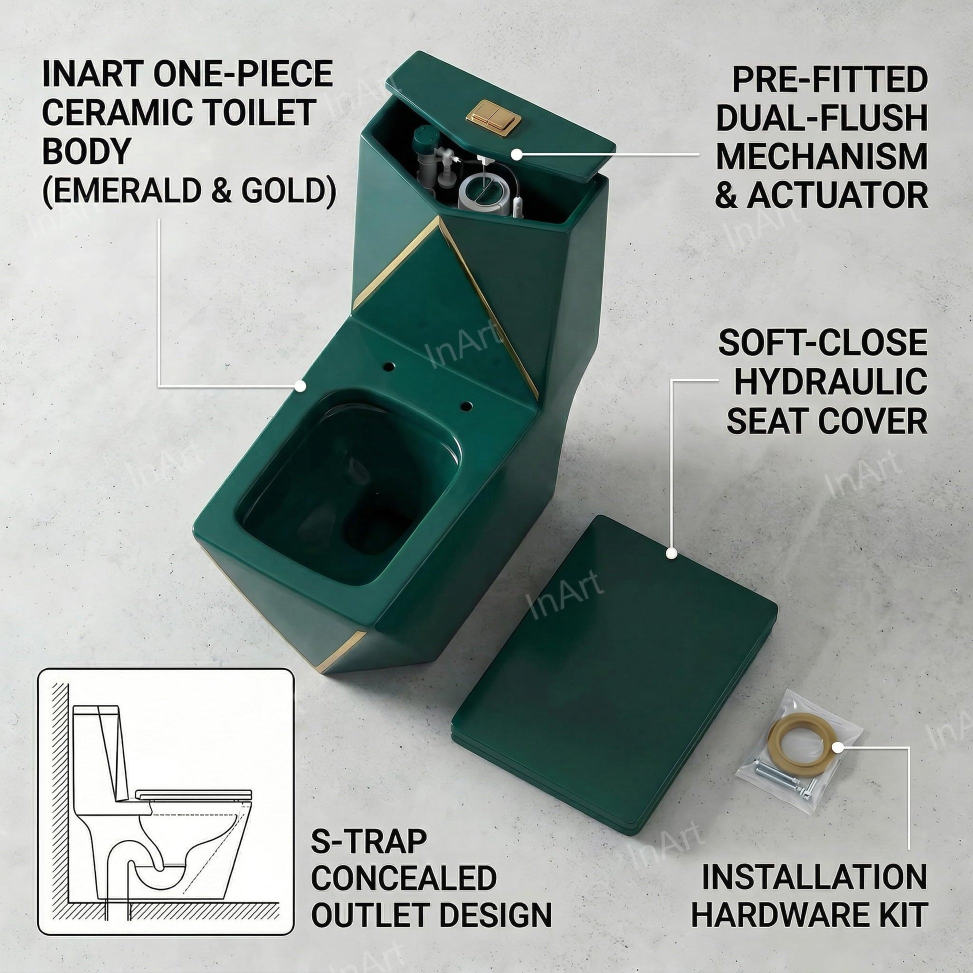 One piece ceramic toilet commode in green and blue finish, compact floor mounted western commode for bathroom