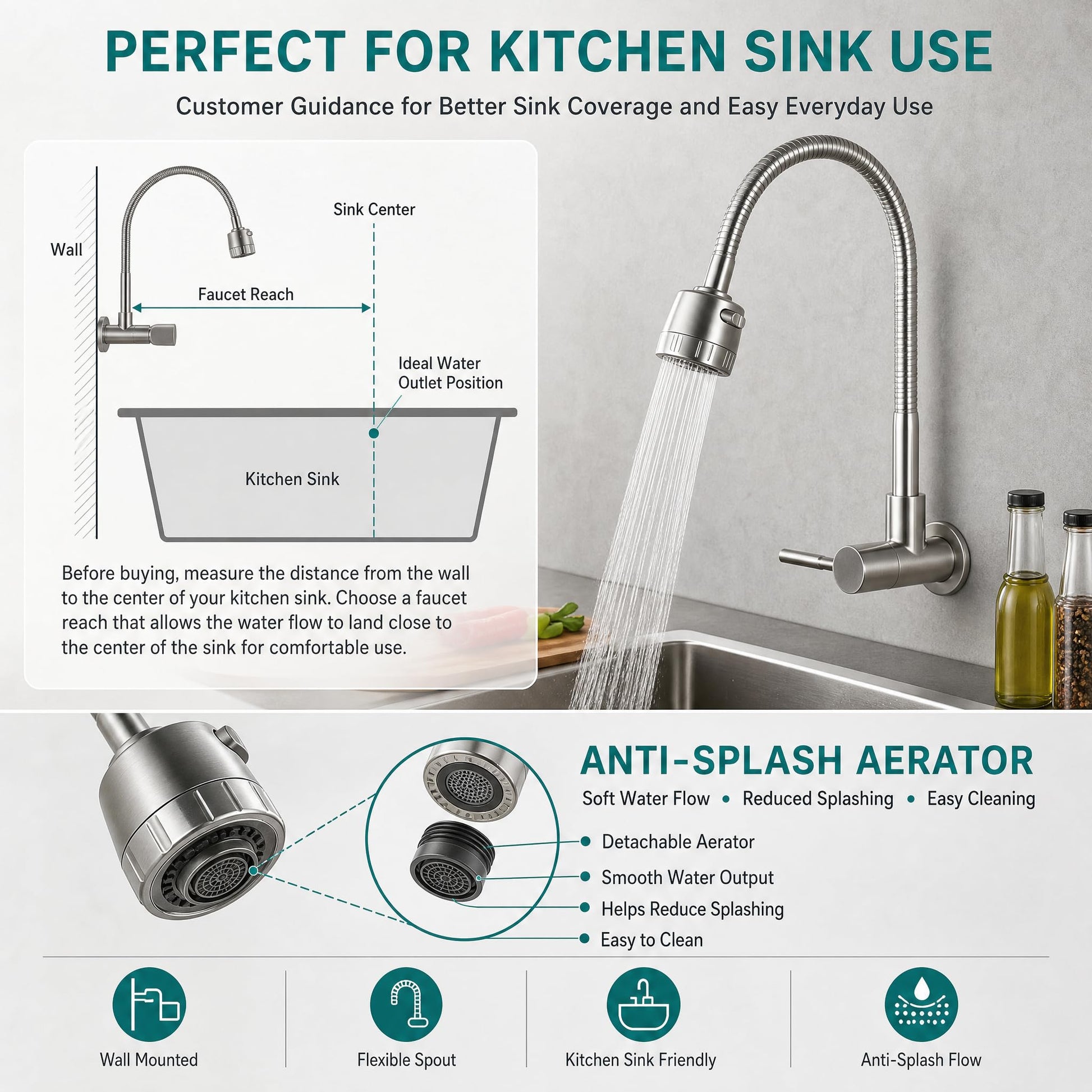 Rear inlet wall mounted kitchen tap installed above wash basin for clear counter space
