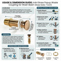 Bathroom sink popup stopper parts view, full thread brass popup waste coupling in rose gold finish