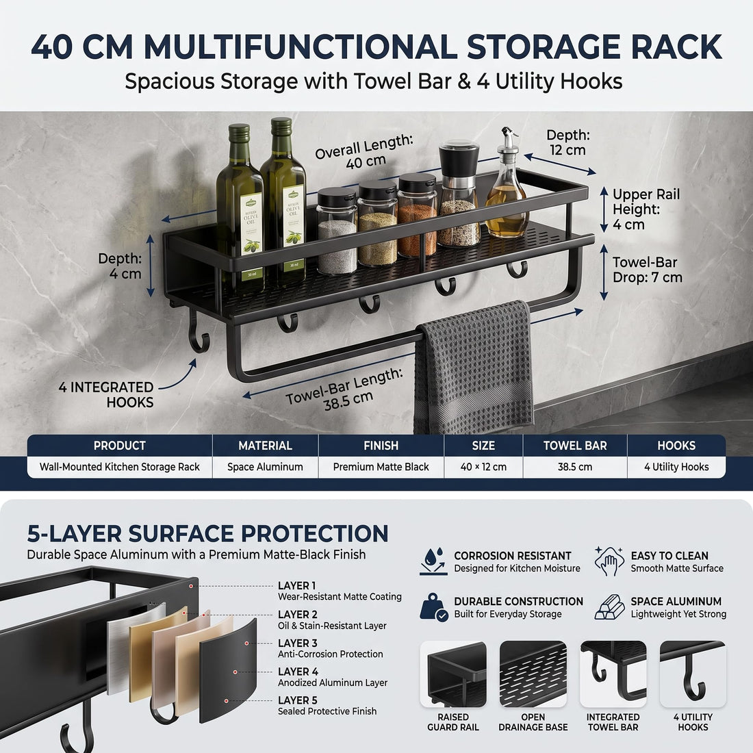 Matte black wall mounted kitchen organiser rack with shelf, towel bar and hooks