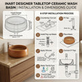 Table top wash basin with cabinet style look, wooden brown square ceramic basin on vanity counter