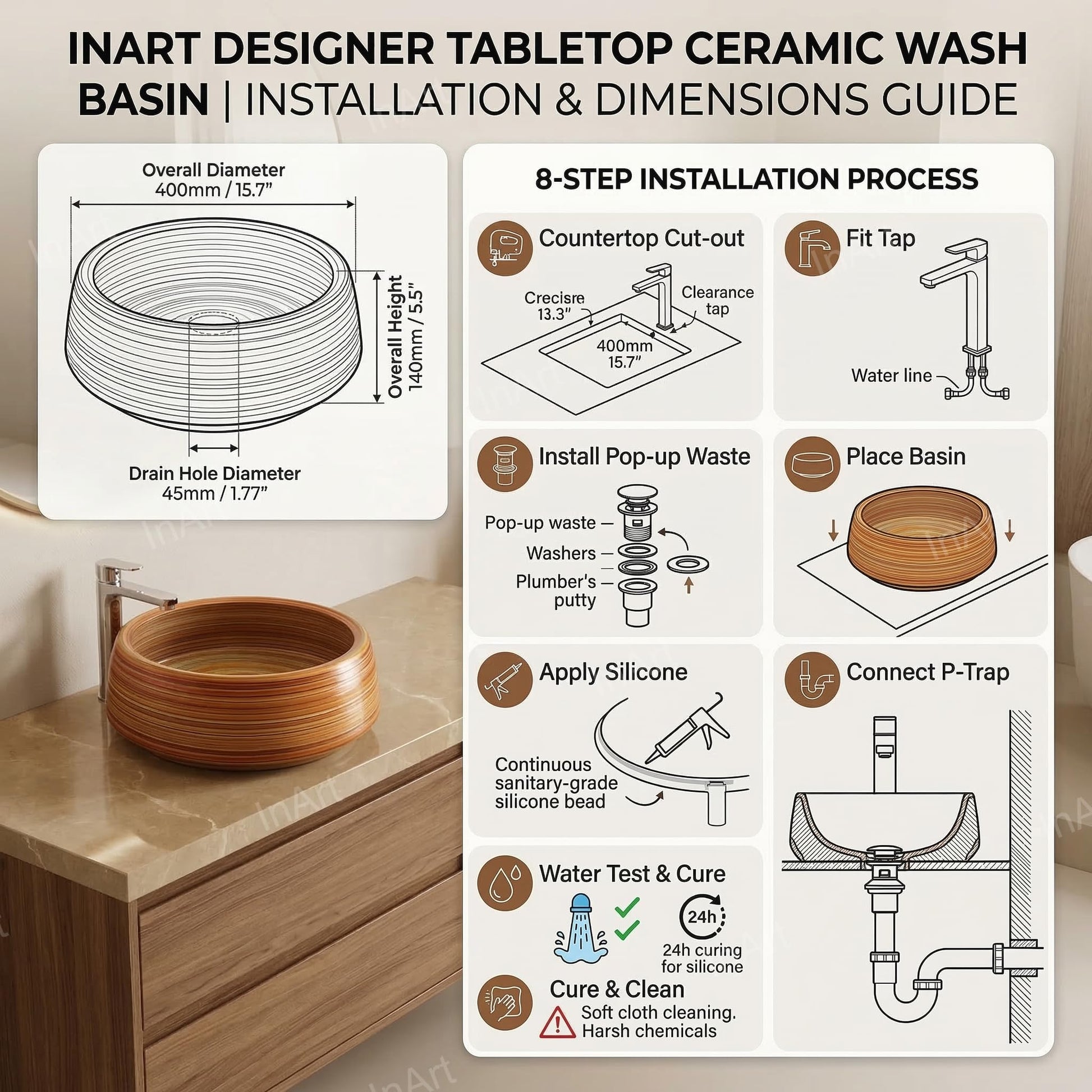 Table top wash basin with cabinet style look, wooden brown square ceramic basin on vanity counter