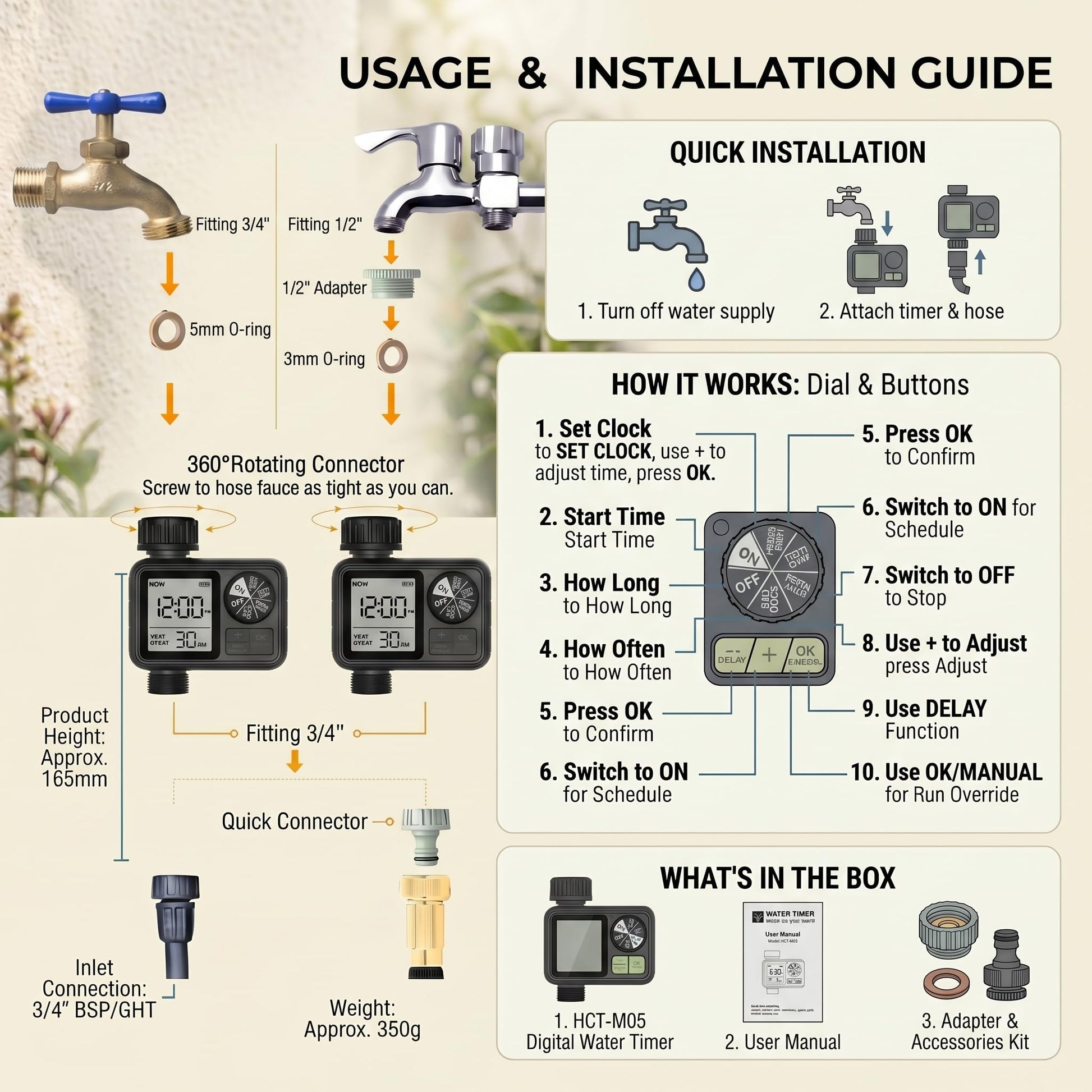 Water timer compatible with 1/2 inch and 3/4 inch garden tap fittings