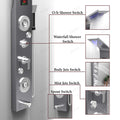 Detail of InArt shower panel control knobs and diverter, brushed chrome stainless steel for modern bathroom