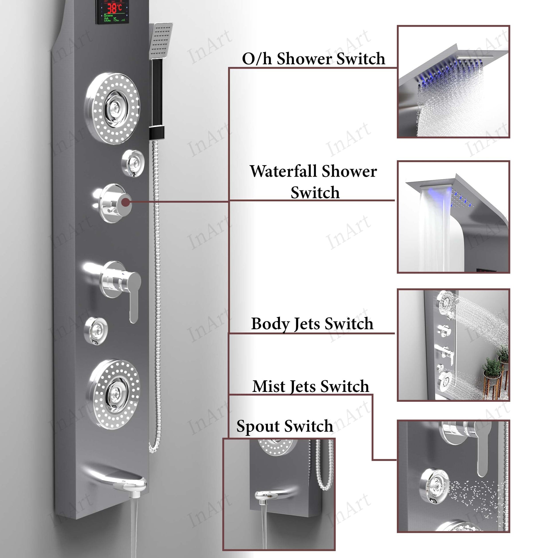 Detail of InArt shower panel control knobs and diverter, brushed chrome stainless steel for modern bathroom