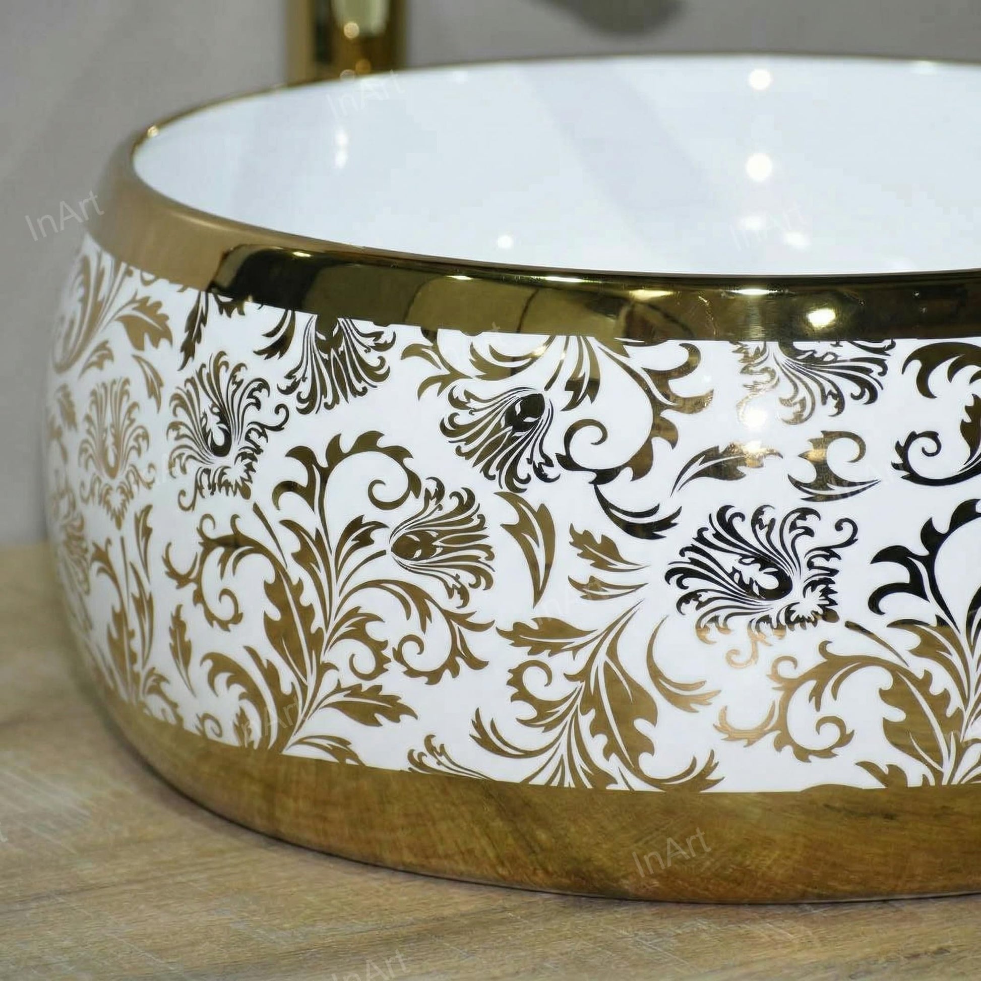 Top view of round ceramic table top wash basin 16 inch, smooth bowl depth and drain opening detail