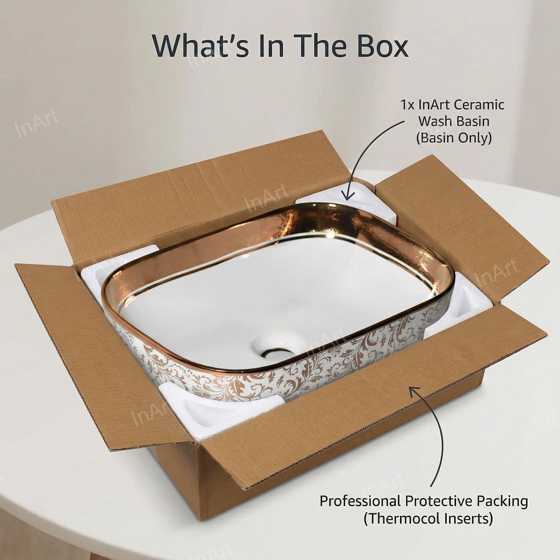 Wash basin design table top with tap hole area, rose gold ceramic rectangular basin, detail view