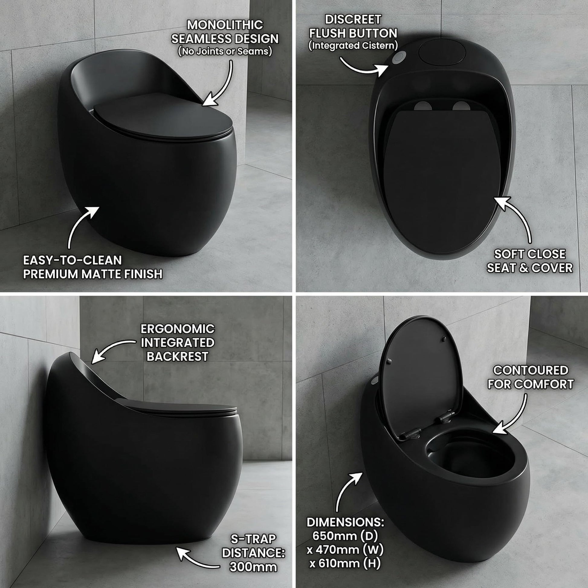 Ceramic one piece water closet in matte black, side angle view with elongated oval bowl and soft close seat