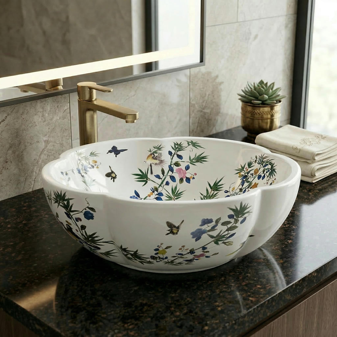 InArt ceramic table top wash basin, glossy white round Moroccan floral countertop basin, main front view