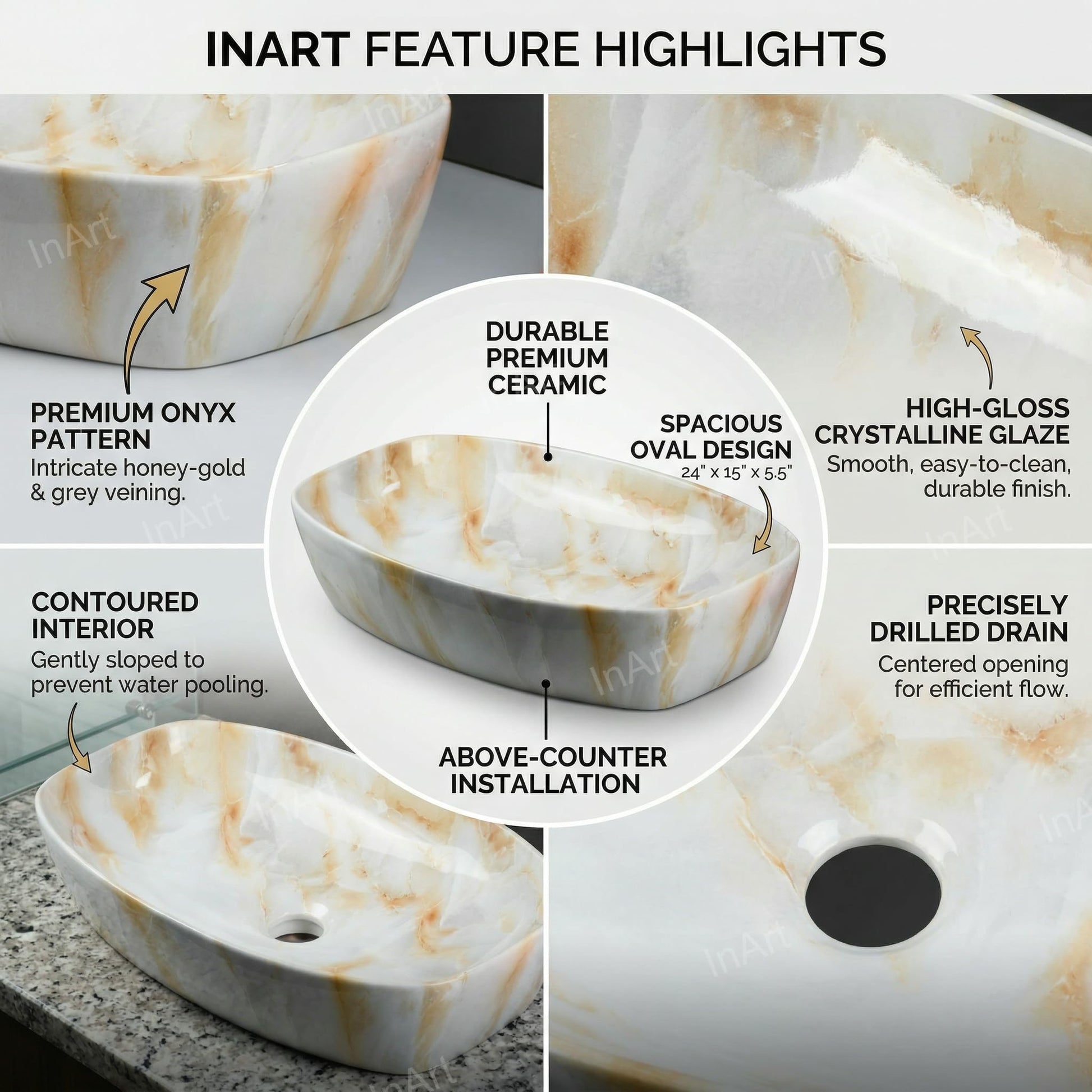 Modern table top basin design, oval ceramic onyx finish wash basin, side angle