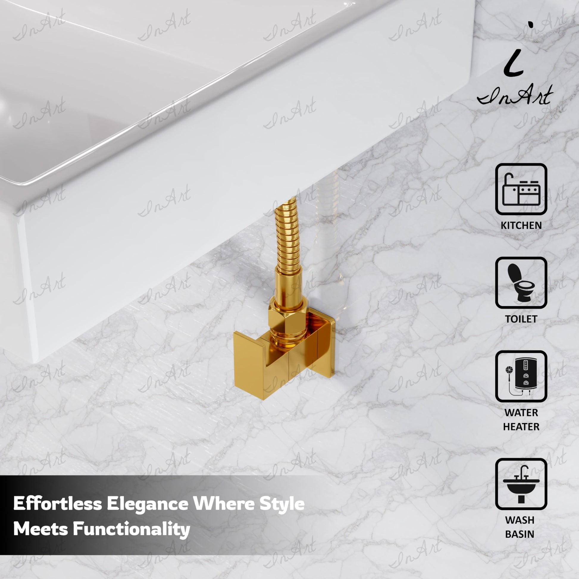 Gold angle cock valve for bathroom geyser connection, solid brass 90 degree stop cock with wall flange