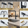 Pull out faucet for kitchen sink with dual flow sprayer head, matte black brass tap, angled close-up