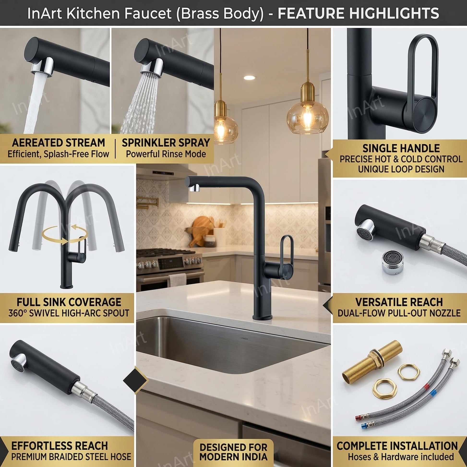 Pull out faucet for kitchen sink with dual flow sprayer head, matte black brass tap, angled close-up