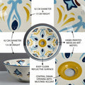 Round table top wash basin in ceramic, Mexican Blue art finish, side angle showing rim and depth