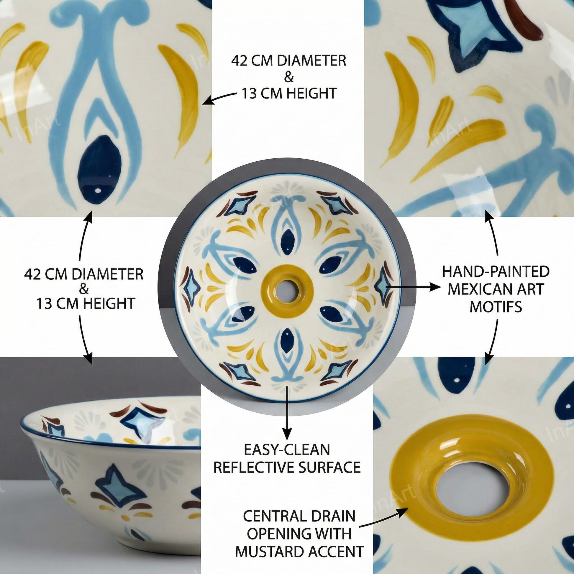 Round table top wash basin in ceramic, Mexican Blue art finish, side angle showing rim and depth