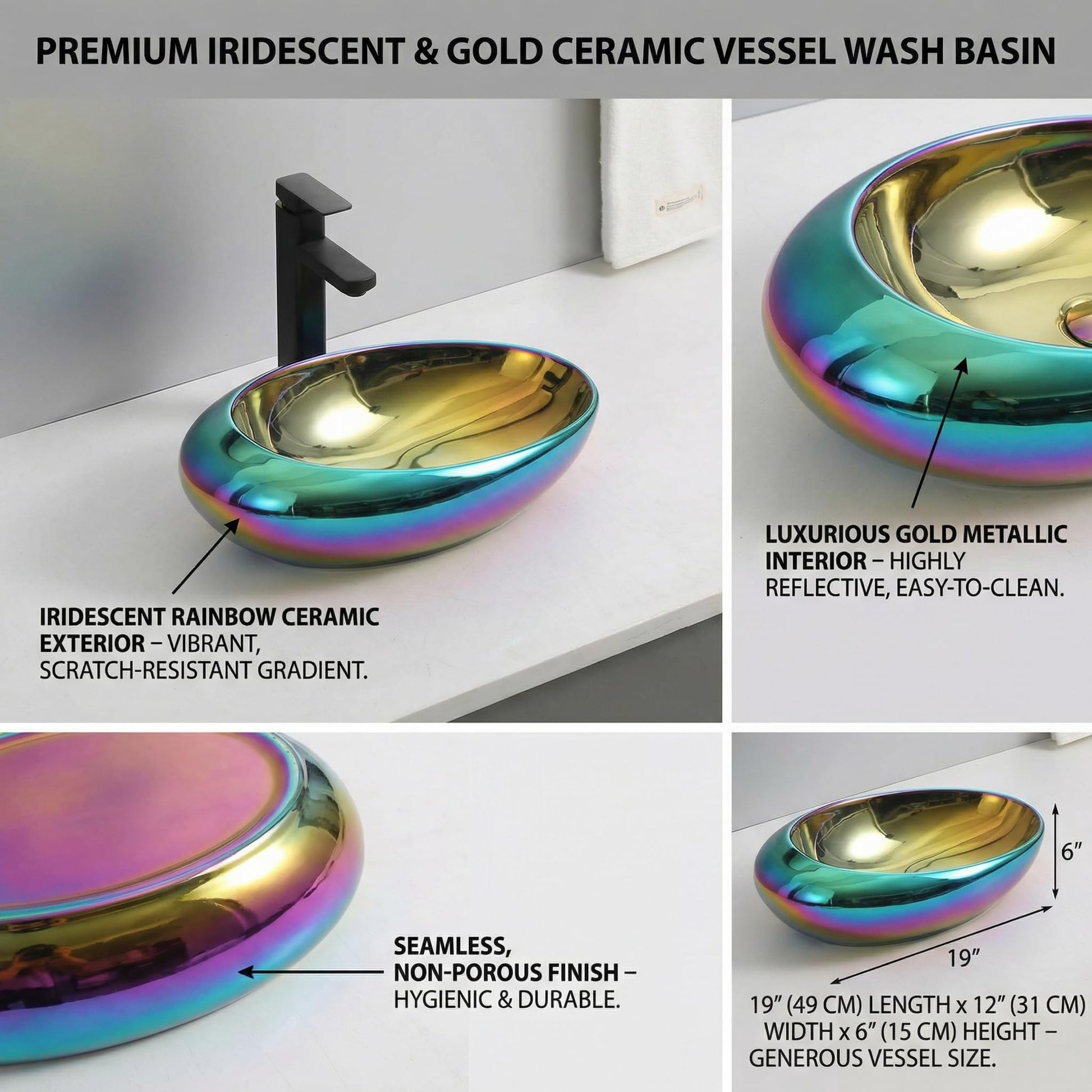 Modern table top wash basin design in glossy white ceramic, oval countertop basin side angle view