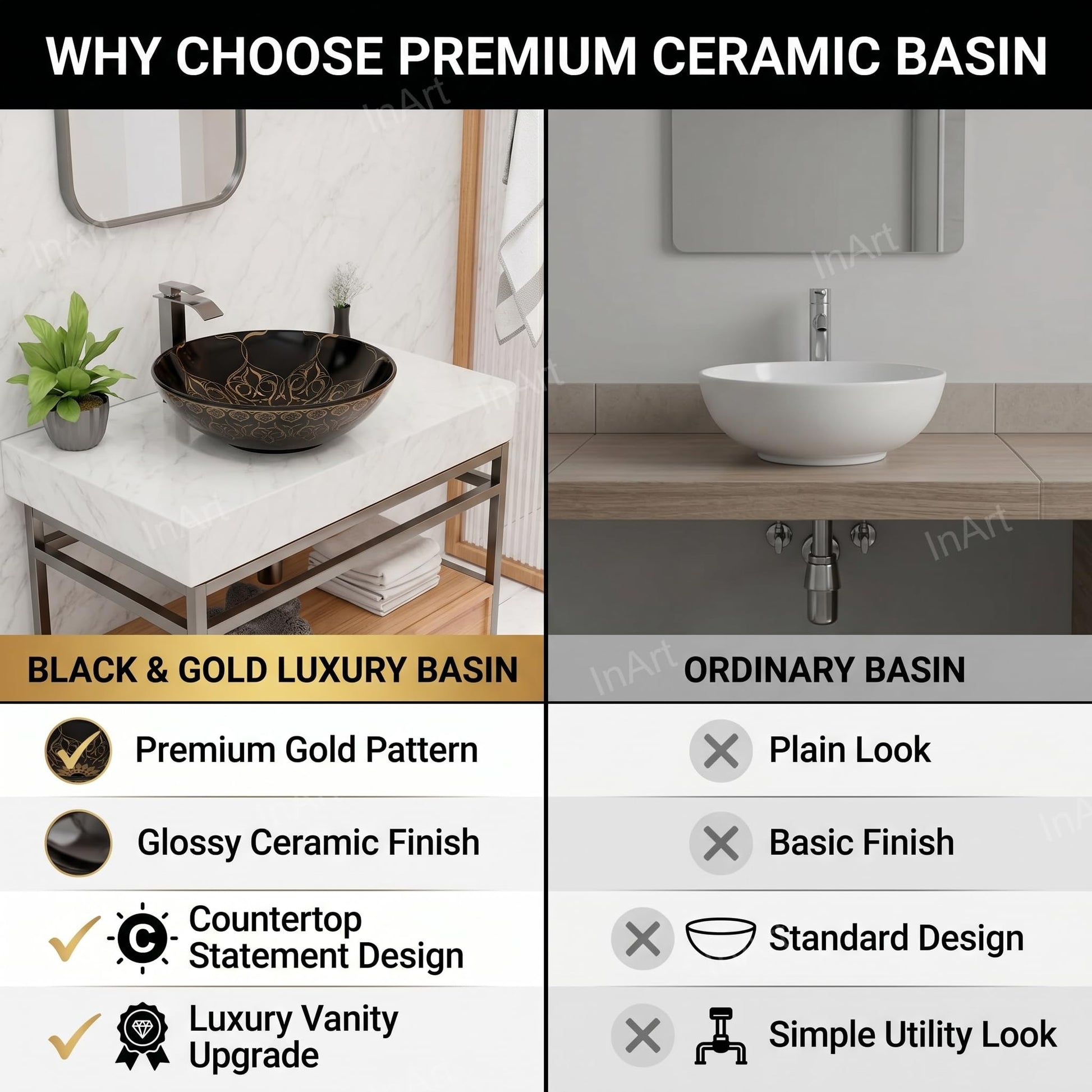 Simple wash basin design for washroom, black and gold ceramic table top basin on counter