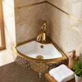 Corner table top wash basin in glossy golden white ceramic, 14x14 inch compact corner sink for small washroom
