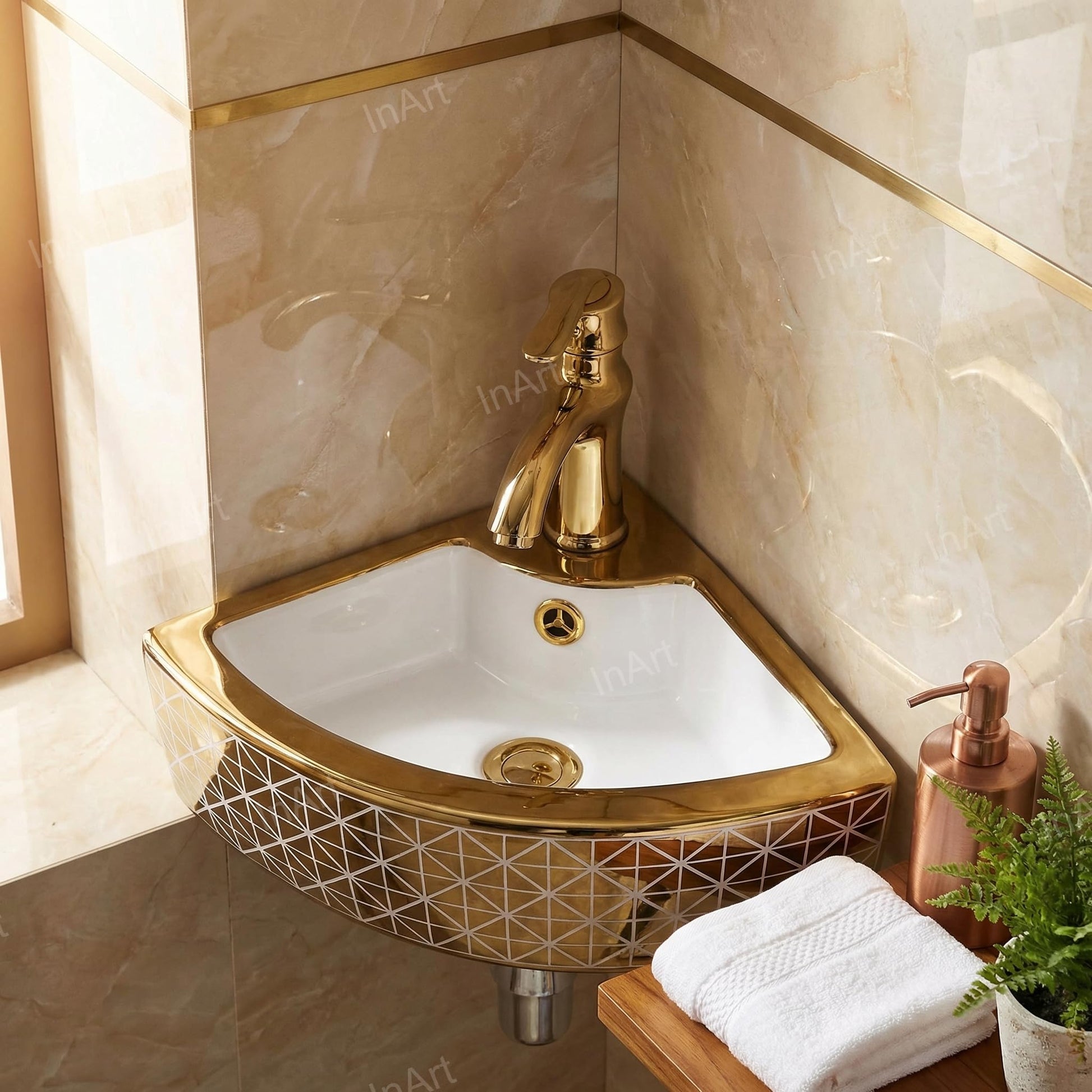 Corner table top wash basin in glossy golden white ceramic, 14x14 inch compact corner sink for small washroom