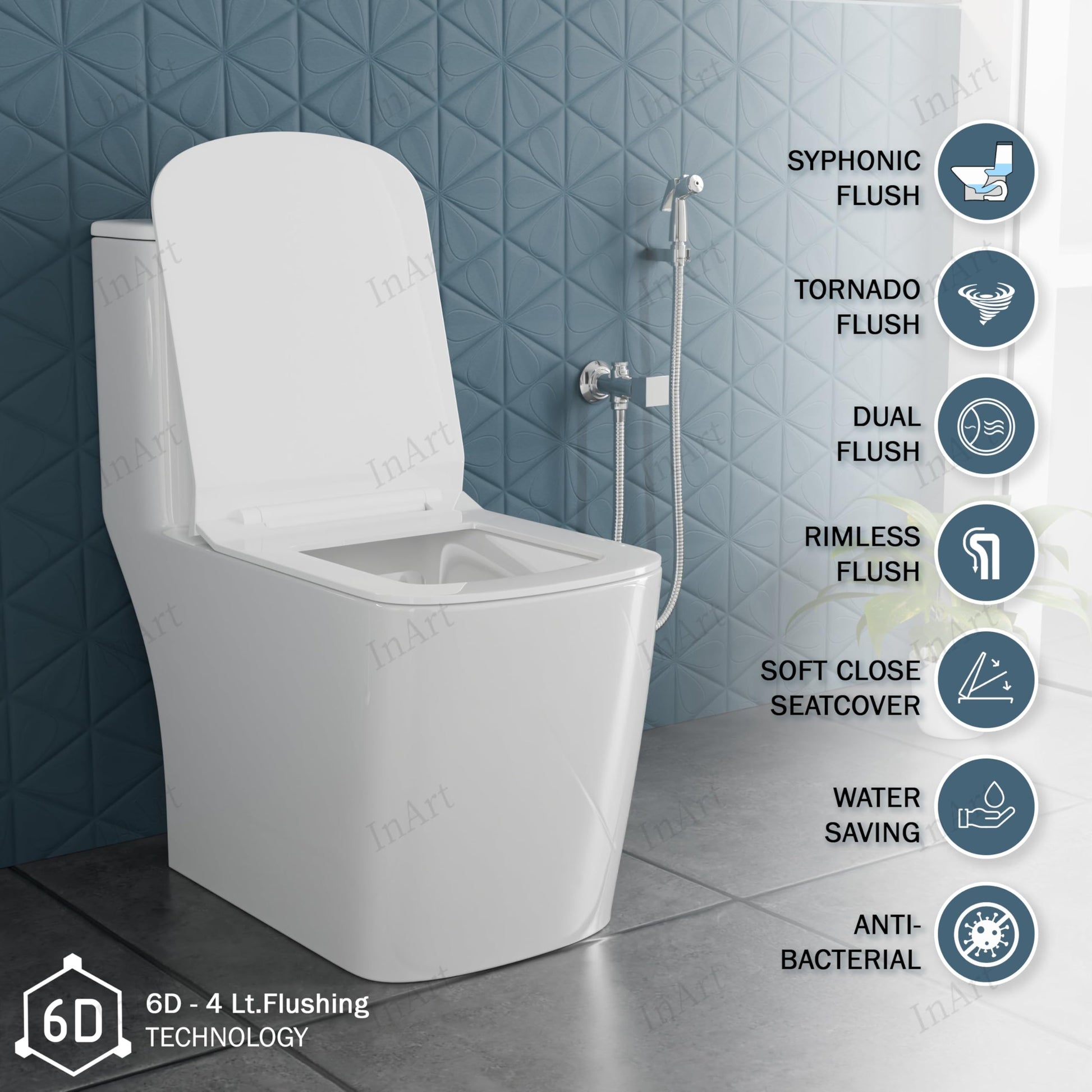 Western toilet single piece with soft close seat cover, glossy white square commode, 3/4 angle view