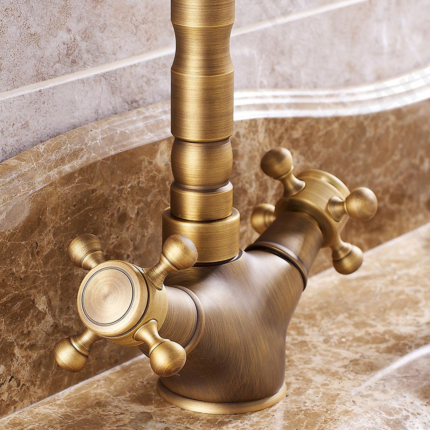 Single hole basin mixer tap in vintage design, side angle showing hot and cold water mixer for wash basin