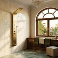 InArt gold shower tower close-up of adjustable hot and cold control knob and mixer valve on stainless steel panel