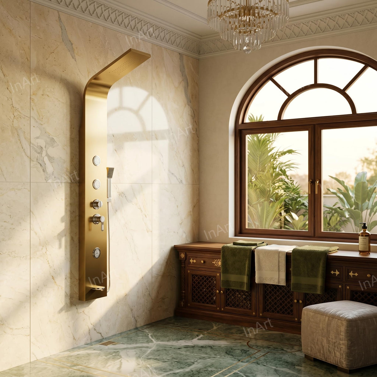 InArt gold shower tower close-up of adjustable hot and cold control knob and mixer valve on stainless steel panel