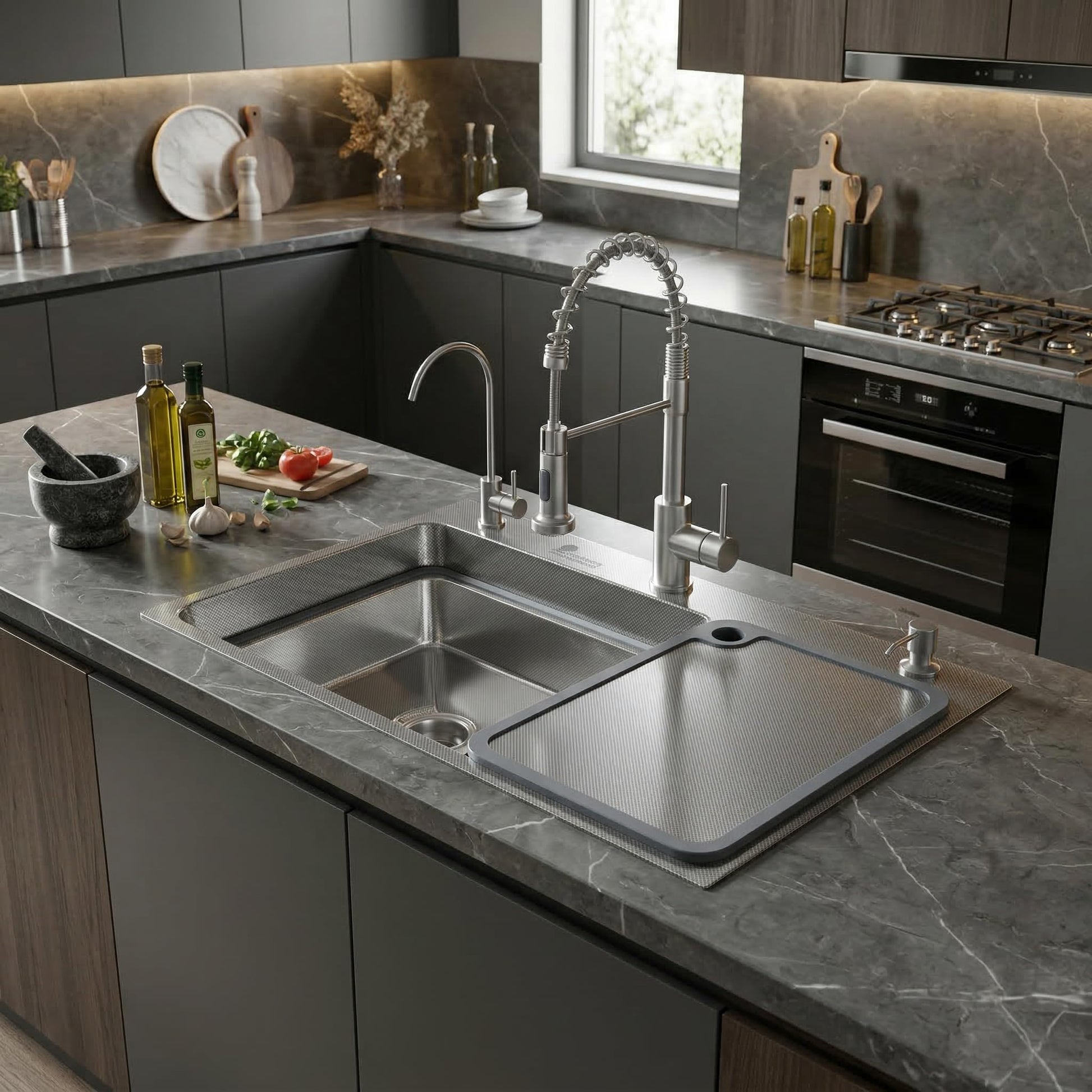 Pull out faucet for kitchen sink with pull-down spray head, modern tap set for single bowl sink in silver finish