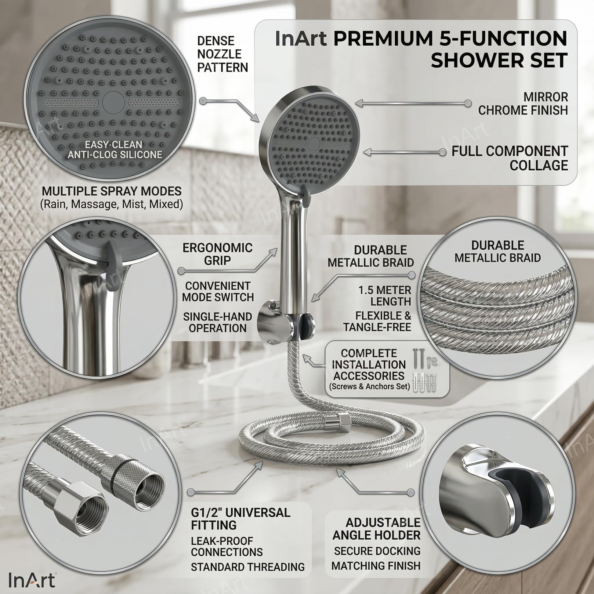 Shower set with hand shower in chrome, ABS round 5-function handset with wall mount hook, side angle