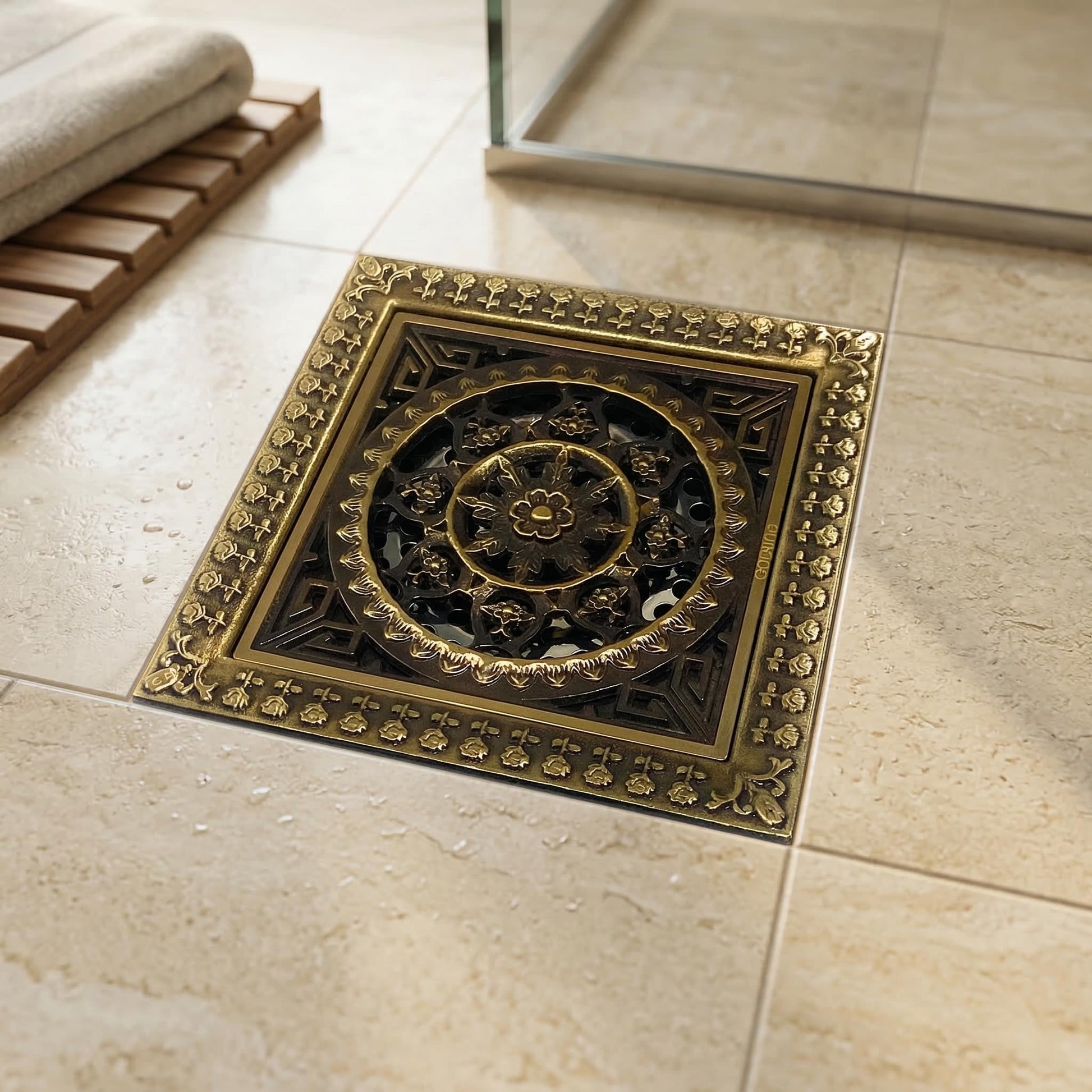 InArt brass floor drain jali square with cockroach trap, antique bronze finish, fits 4 inch pipe