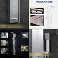 Body massage spray jets on wall mounted shower panel system, stainless steel tower for spa-like bathroom